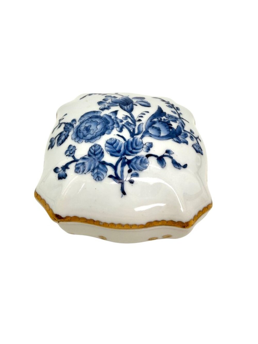 Painted Porcelain Blue & Gold Floral Tryon House Trinket Box W/ Gold Detailing A